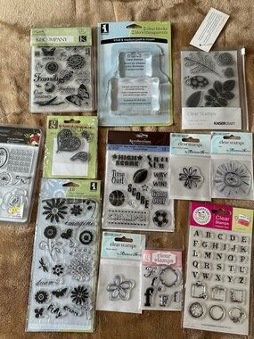 Clear stamps assortment lot of 12 for arts and crafts plus 2 acrylic blocks